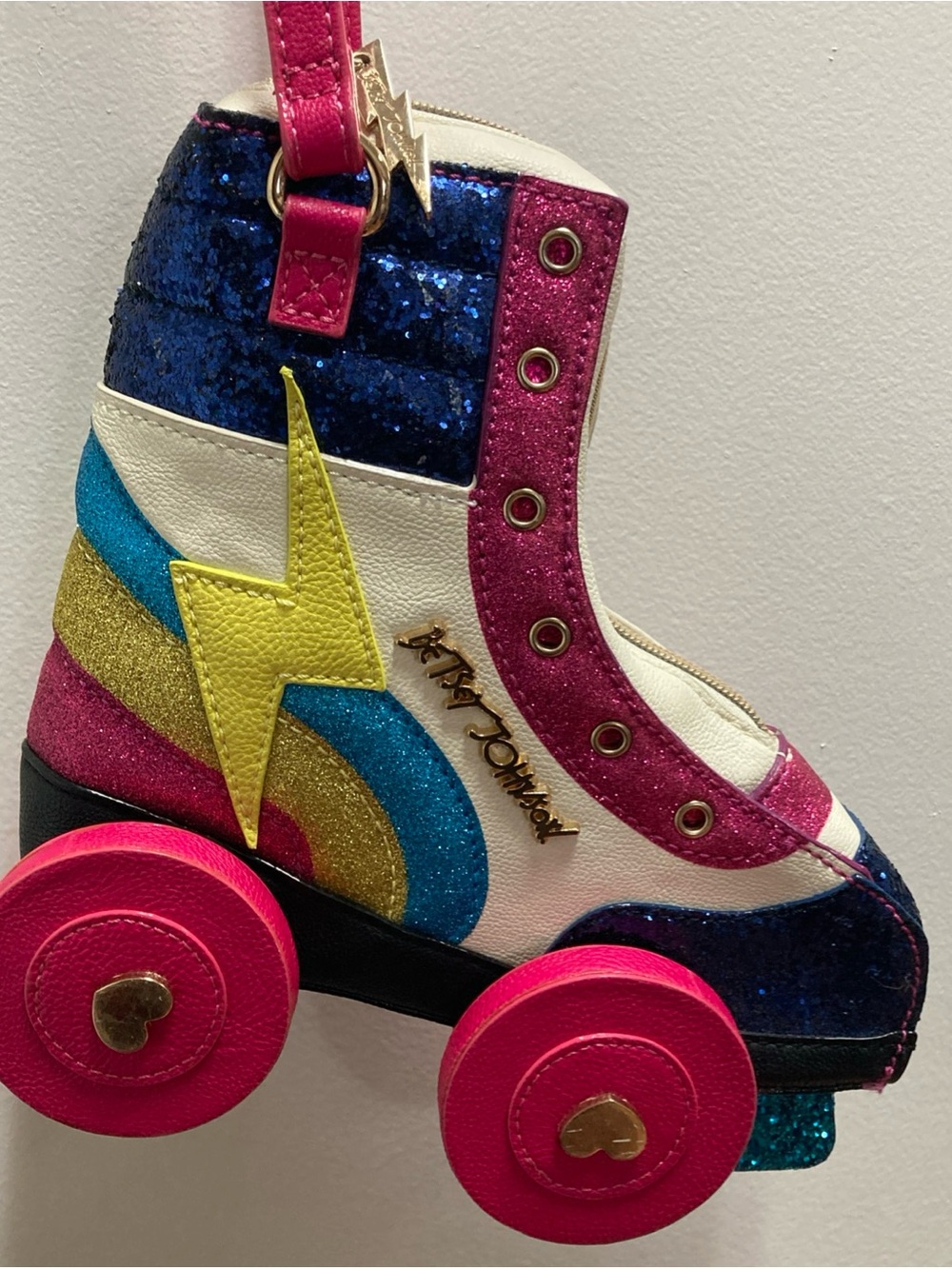 Betsey Johnson Pink Blue Yellow Glitter Roller Skate Crossbody Bag